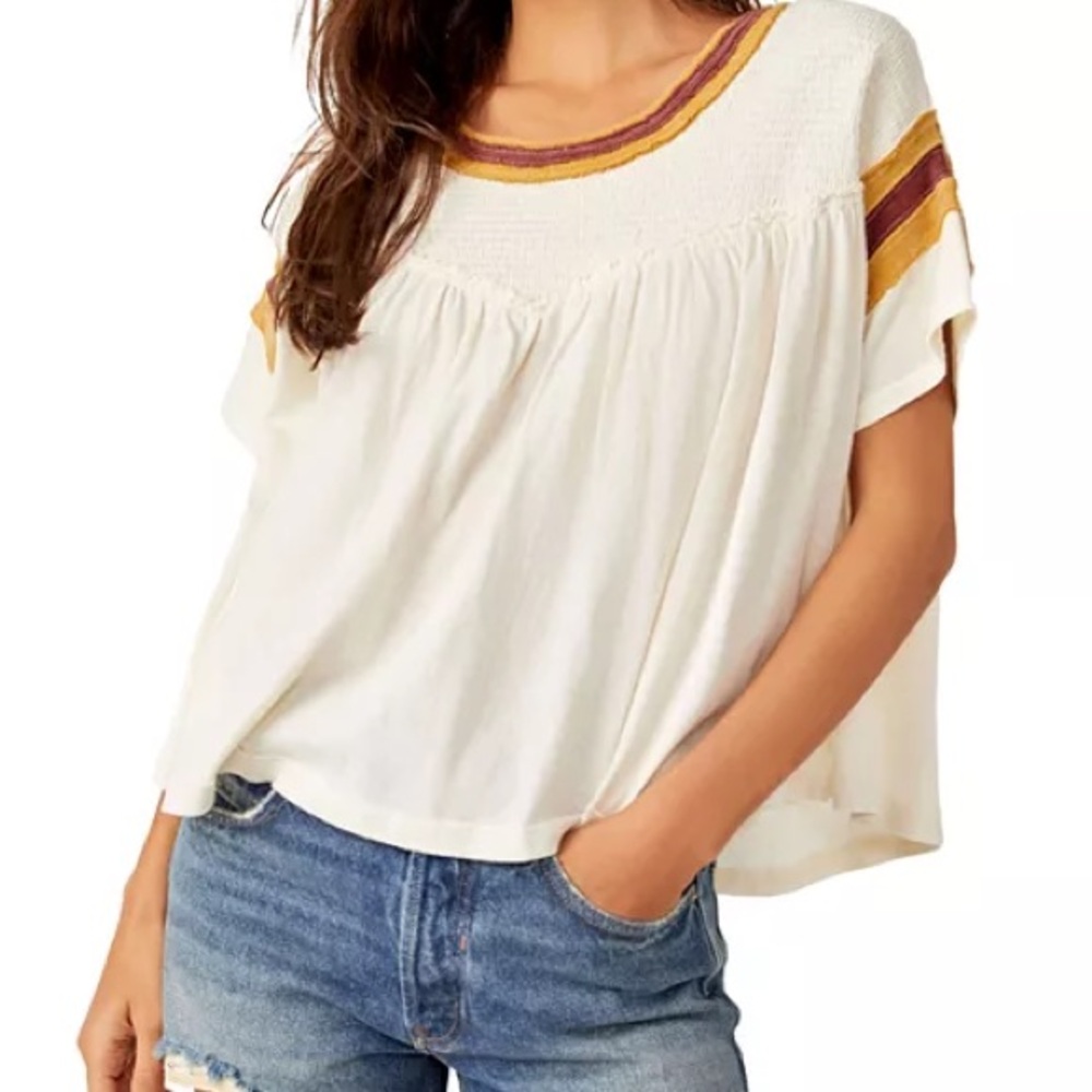 Free People Ivory MVP Tee with Mustard and Burgundy Stripes